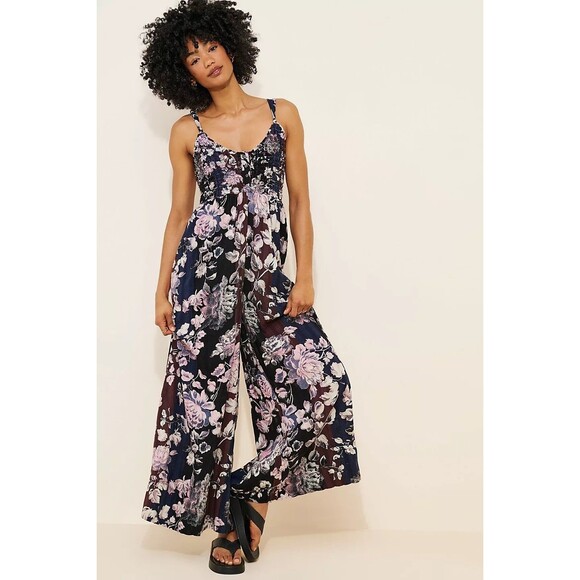 Free People Pants - Free People Melrose Wide Leg Jumpsuit Floral Printed Ruched Black S New 282870